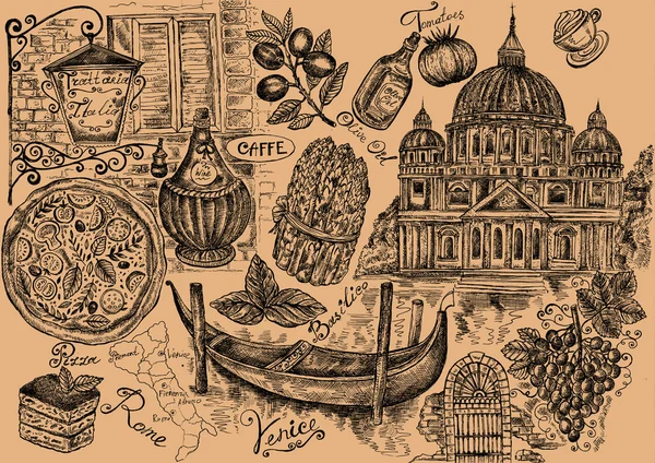 Sada symbolů italského a prvky italských potravin — Stock fotografie