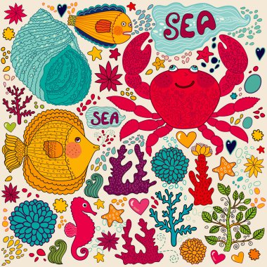 Vector wallpaper with fish, fun crab and marine life clipart