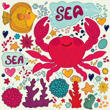 Fish, fun crab and marine life clipart