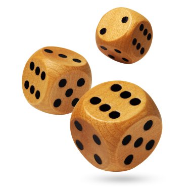 Three rolling wooden dices isolated on white clipart