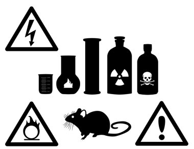 tehlike işaretleri ile kimyasal şişeler