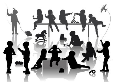 14 children playing with some deferent toys clipart