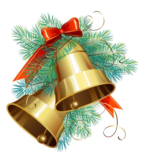Χριστούγεννα διακόσμηση με αειθαλή δέντρα και κουδούνια — Διανυσματικό Αρχείο