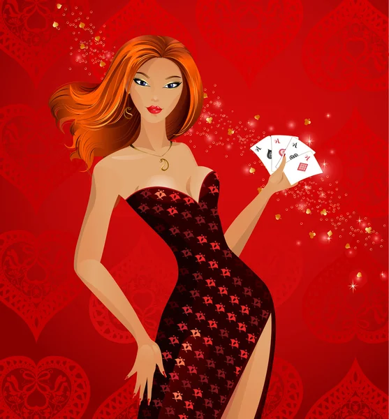 Beautiful fashionable girl with playing-cards — Stock Vector