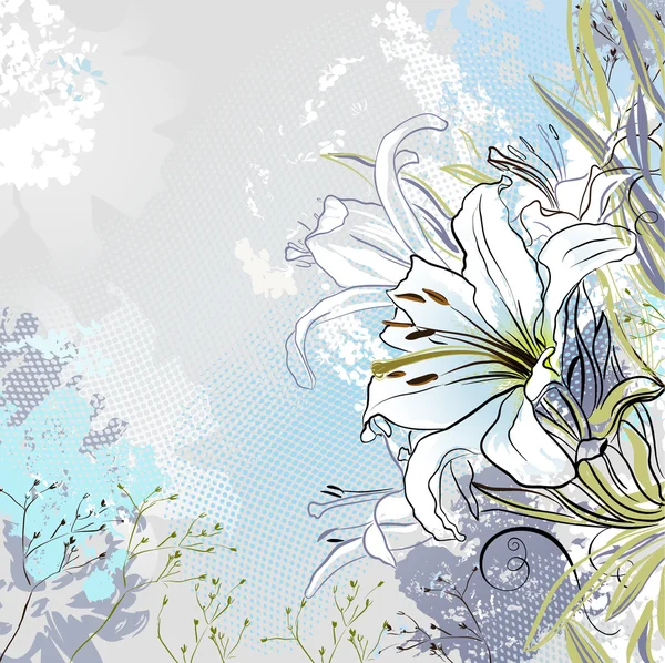 Grunge-Grußkarte mit dekorativen weißen Lilien — Stockvektor
