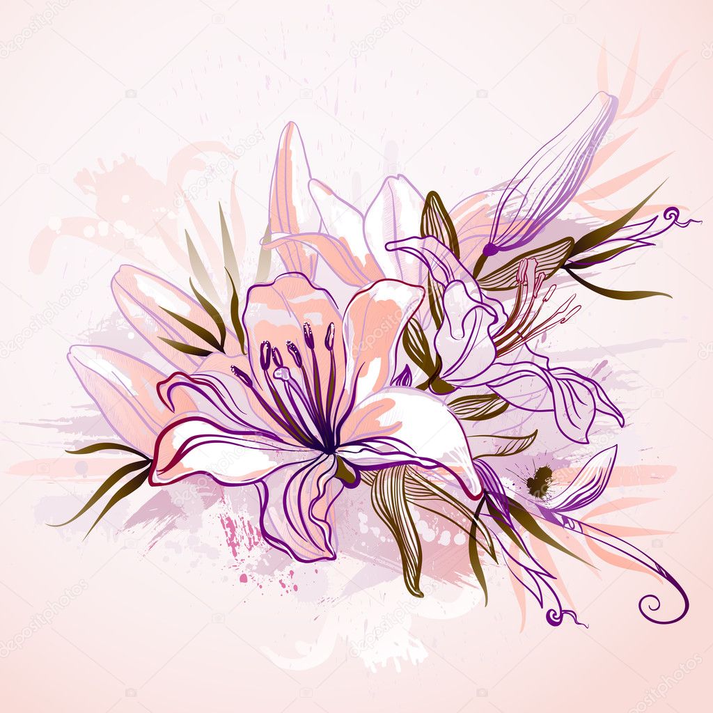 Decorative composition with big drawing lilies