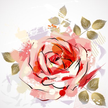 Raster version of decorative composition with big grunge rose clipart