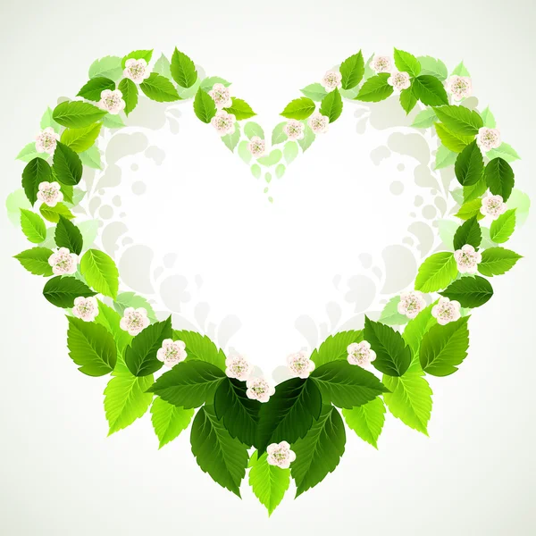 Marco con hojas verdes frescas y flores — Vector de stock