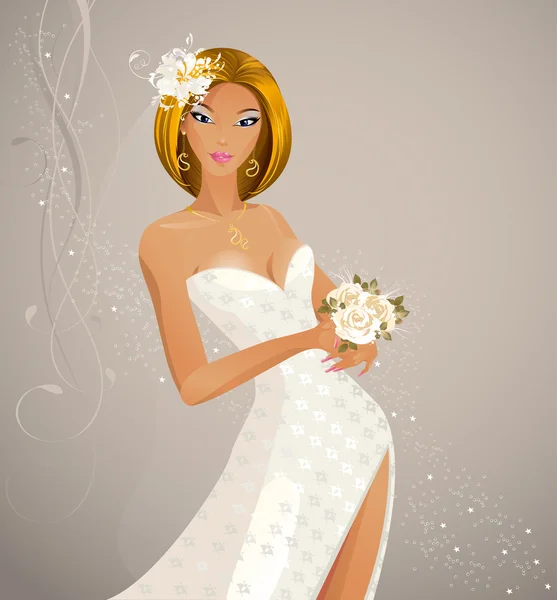 Bella sposa di moda con bouquet festivo — Vettoriale Stock