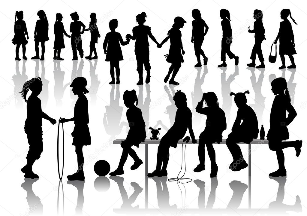Nineteen silhouettes of playing girls