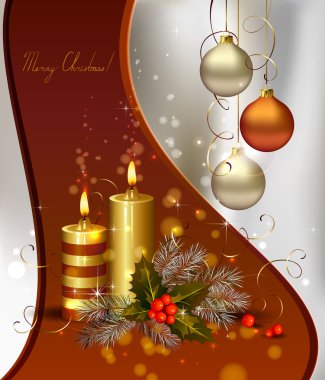 Light Christmas background with burning candles and Christmas bauble clipart