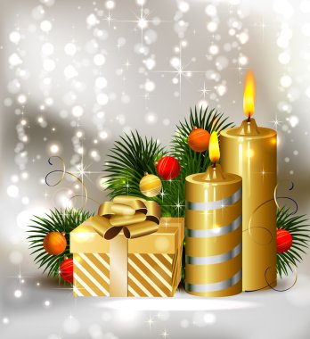 Christmas background with burning candles and Christmas bauble clipart