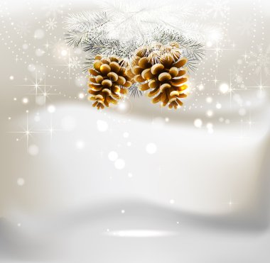 Light Christmas background with two cones and fir tree clipart