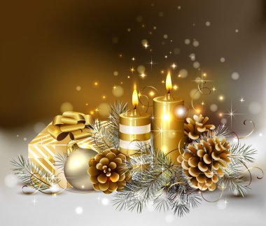 Christmas background with burning candles and Christmas bauble clipart