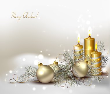 Christmas background with burning candles and Christmas bauble clipart