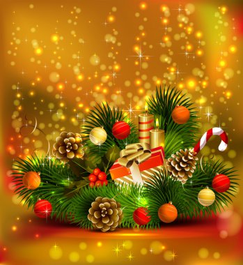 Christmas still life branch of fir tree with burning candles and Christmas bauble clipart