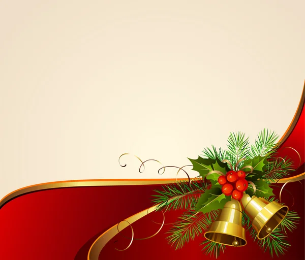 Karácsonyi fenyő fa és holly ünnepi harangok — Stock Vector