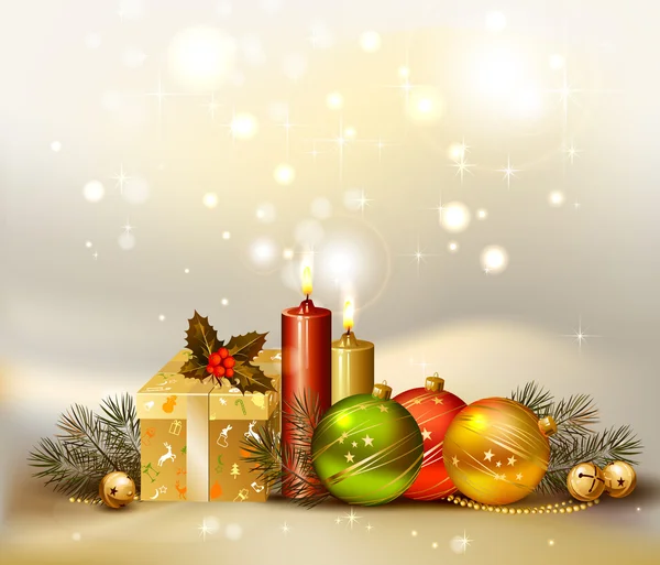 Ljus jul bakgrund med kvällen bollar, stearinljus och gåva — Stock vektor