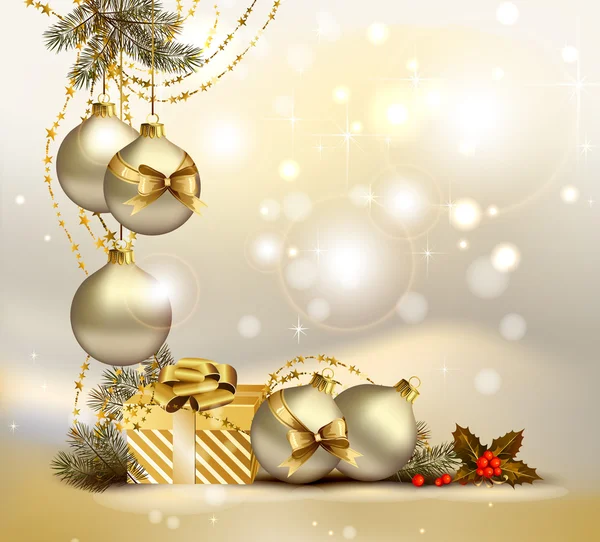 Fondo de Navidad ligero con bolas de noche, acebo y regalo — Vector de stock
