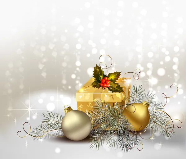Licht Weihnachten Hintergrund mit goldenen Abendkugeln und Geschenk — Stockvektor