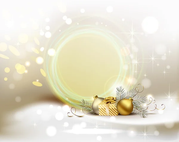 Fondo de Navidad ligero con dos bolas de noche y regalo — Vector de stock