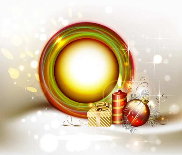 Marco de Navidad brillante con bola de la noche, regalo y vela encendida — Vector de stock
