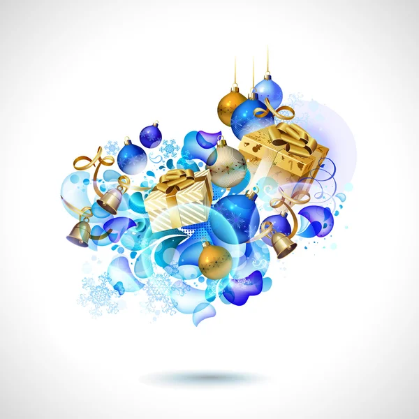 Fond abstrait de Noël avec des boules du soir, des cadeaux et des cloches — Image vectorielle