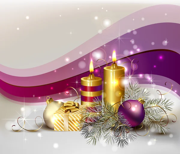 Ljus jul bakgrund med brinnande ljus och julklapp — Stock vektor