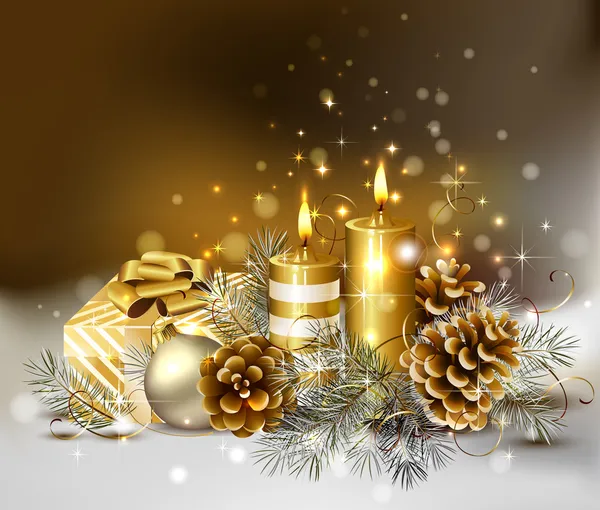 Рождественский фон с горящими свечами и рождественскими безделушками — стоковый вектор