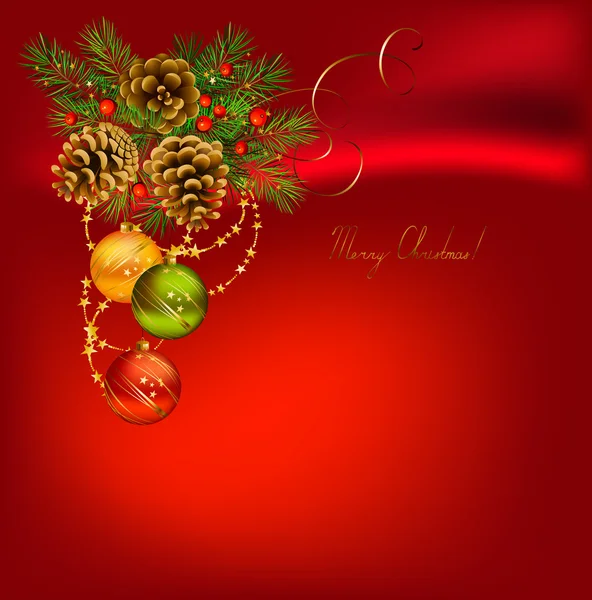 Fondo rojo de Navidad con abeto y bolas de noche — Vector de stock