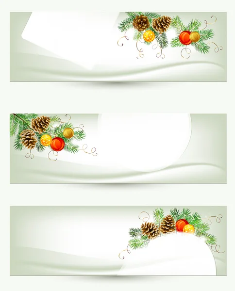 Set van drie lichte Kerstmis banners met vitaliteit kegels, fir tree en ballen — Stockvector