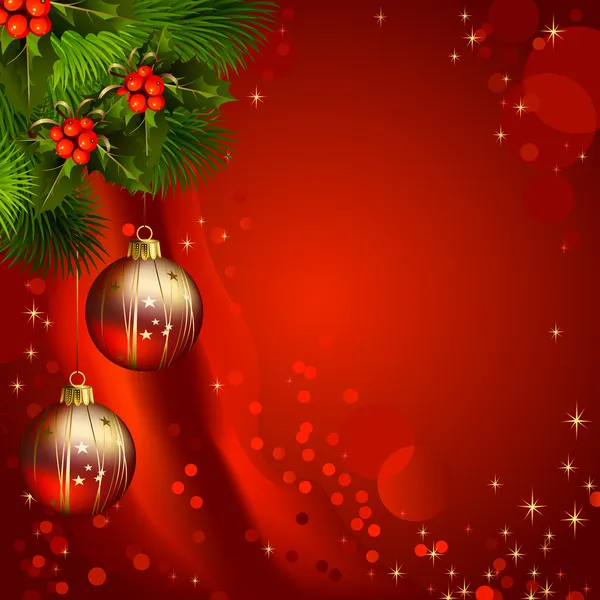 モミの木と夕方のボールと赤のクリスマスの背景 — ストックベクタ