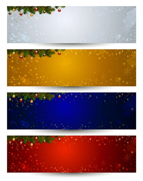 Vierfarbiges Set verschiedener Weihnachtsbanner mit Tanne und Kugeln — Stockvektor