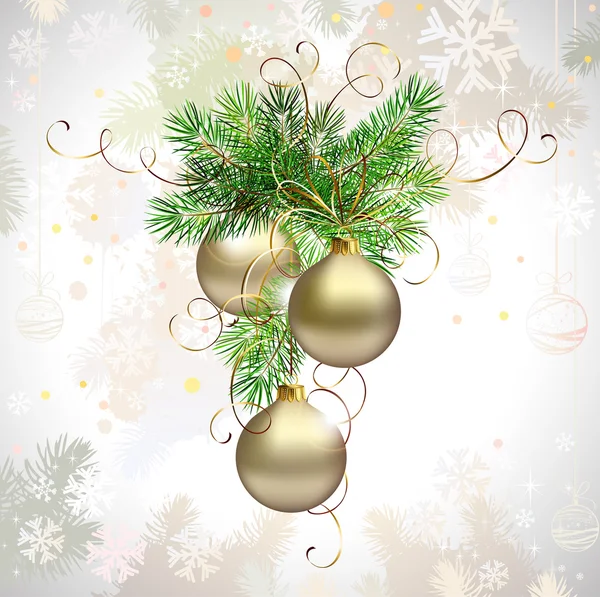 Fond de Noël clair avec trois boules de soirée et sapin — Image vectorielle