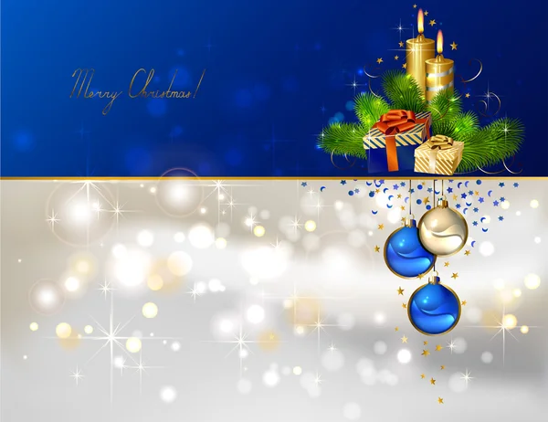 Fond de Noël lumineux avec des bougies allumées et cadeau de Noël — Image vectorielle
