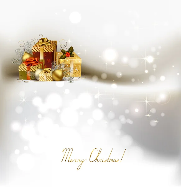 Fond de Noël clair avec des boules et des cadeaux du soir — Image vectorielle
