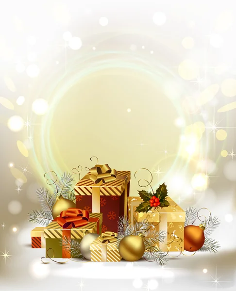 Weihnachten Hintergrund mit Kugeln und Weihnachtsgeschenken — Stockvektor