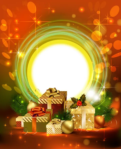 Fondo de Navidad brillante con bolas de la noche y un montón de regalos — Vector de stock