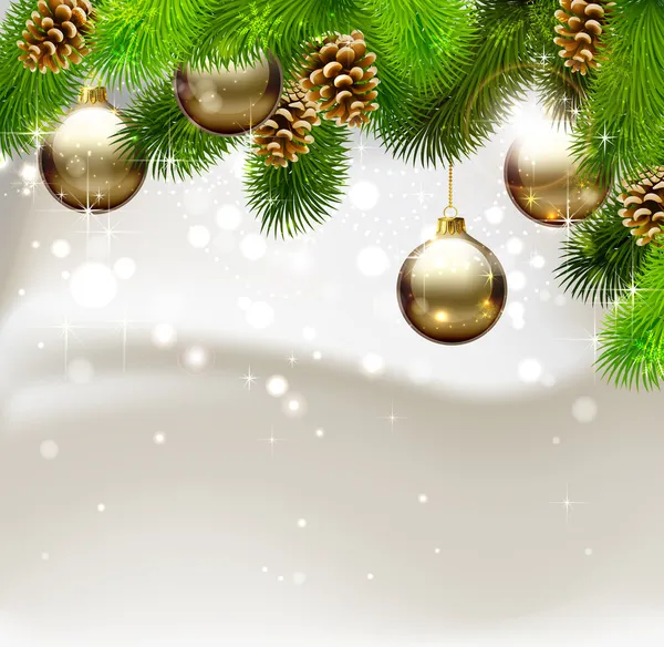 Fondo de Navidad con abeto, conos y bolas de la noche — Vector de stock