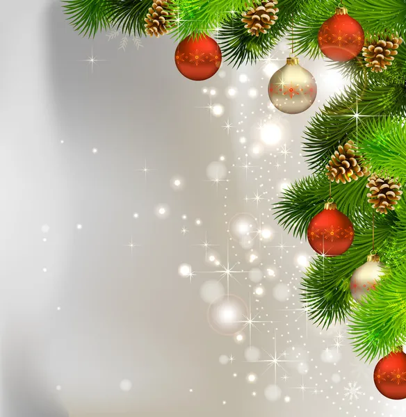 Vánoční pozadí s jedle, kužele a koule večer — Stockový vektor