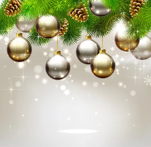 Рождественский фон с елкой, шишками и вечерними шарами — стоковый вектор