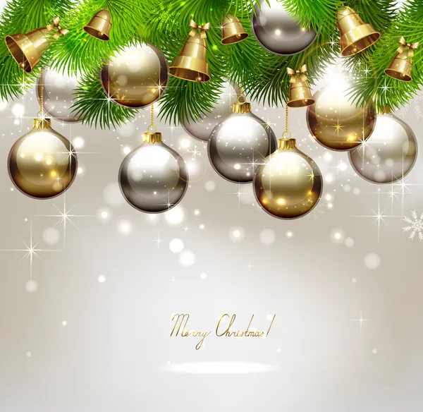 Boże Narodzenie tło z jodły, dzwony i wieczorem kulki — Wektor stockowy