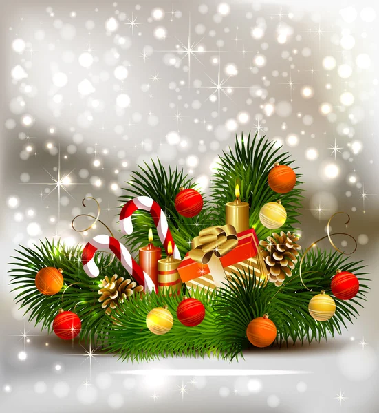 Branche de Noël nature morte de sapin avec des bougies allumées et boule de Noël — Image vectorielle