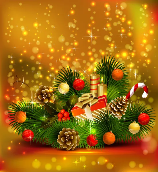 Υποκατάστημα νεκρή φύση χριστουγεννιάτικο έλατο με καύση κεριά και Χριστούγεννα στολίδι — Διανυσματικό Αρχείο