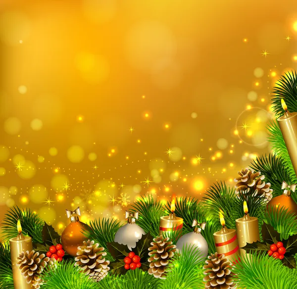 Kerstmis achtergrond met brandende kaarsen, fir tree en Kerstmis bauble — Stockvector