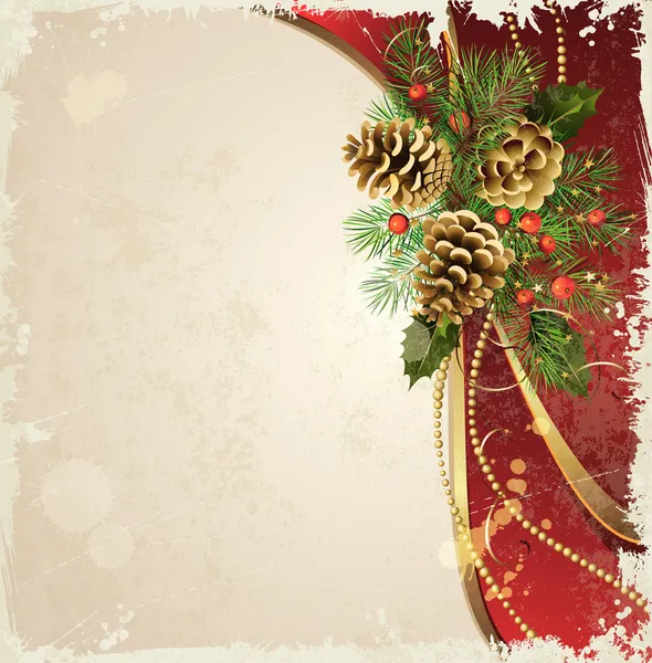 Vintage achtergrond met fir kerstboom en kegels — Stockvector