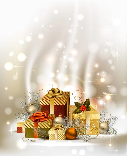 Sfondo di Natale con le bagattelle e regali di Natale — Vettoriale Stock