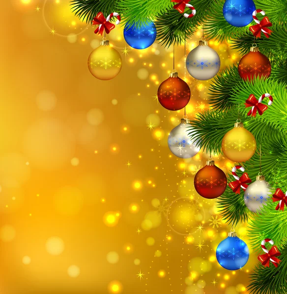 Fondo de Navidad brillante con abeto, caramelos y bolas de la noche — Vector de stock