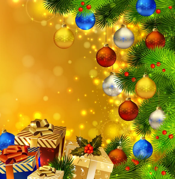 Vánoční pozadí s různými dárky a zelené jedle — Stockový vektor