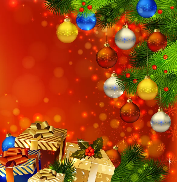 Κόκκινο φόντο Χριστούγεννα με διάφορα δώρα και πράσινο έλατο — Διανυσματικό Αρχείο